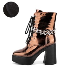 Round Toe Chunky Heels Side Zipper Platforms Ankle Highs Chain Decorated Punk Winter Boots - Orange