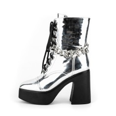 Round Toe Chunky Heels Side Zipper Platforms Ankle Highs Chain Decorated Punk Boots - Silver
