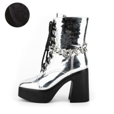 Round Toe Chunky Heels Side Zipper Platforms Ankle Highs Chain Decorated Punk Winter Boots - Silver
