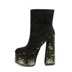 Round Toe Chunky Heels Side Zipper Platforms Ankle Highs Rhinestones Galaxy Boots - Black