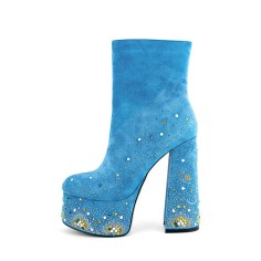 Round Toe Chunky Heels Side Zipper Platforms Ankle Highs Rhinestones Galaxy Boots - Blue