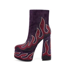 Round Toe Chunky Heels Side Zipper Platforms Ankle Highs Rhinestones Beads Flame Boots - Purple