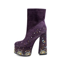 Round Toe Chunky Heels Side Zipper Platforms Ankle Highs Rhinestones Galaxy Boots - Purple
