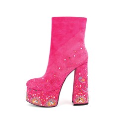 Round Toe Chunky Heels Side Zipper Platforms Ankle Highs Rhinestones Galaxy Boots - RoseRed