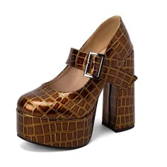 Round Toe Chunky Heels Platfroms Mary Janes Crocodile Pumps - Brown Faux Leather