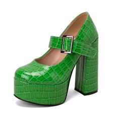 Round Toe Chunky Heels Platfroms Mary Janes Crocodile Pumps - Green Faux Leather