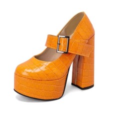 Round Toe Chunky Heels Platfroms Mary Janes Crocodile Pumps - Orange Faux Leather