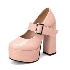 Round Toe Chunky Heels Platfroms Mary Janes Crocodile Pumps - Pink Faux Leather