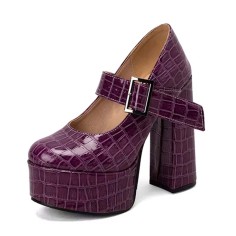 Round Toe Chunky Heels Platfroms Mary Janes Crocodile Pumps - Purple Faux Leather
