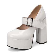 Round Toe Chunky Heels Platfroms Mary Janes Crocodile Pumps - White Faux Leather