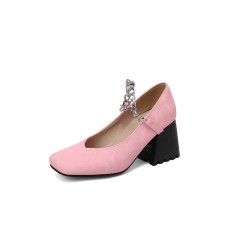Square Toe Chunky Heels Chain Straps Mary Janes Shoes - Pink