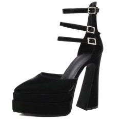 Pointed Toe Chunky Heels Trible Rhinestones Straps Double Platforms Pumps - Black Faux Leather