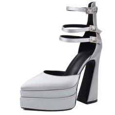 Pointed Toe Chunky Heels Trible Rhinestones Straps Double Platforms Pumps - Gray Faux Leather