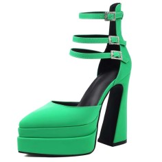 Pointed Toe Chunky Heels Trible Rhinestones Straps Double Platforms Pumps - Green Faux Leather