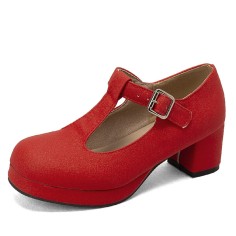 Round Toe Chunky Heels Buckle T Straps Mary Janes Satin Pumps - Red