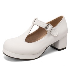 Round Toe Chunky Heels Buckle T Straps Mary Janes Satin Pumps - White