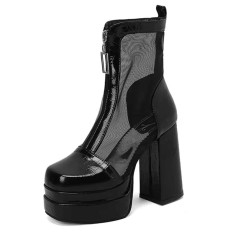 Square Toe Breathable Mesh Panel Ankle Highs Chunky Heels Low Platforms Boots - Black Faux Leather