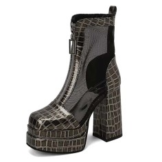 Square Toe Breathable Mesh Panel Ankle Highs Chunky Heels Low Platforms Boots - Gray Faux Leather