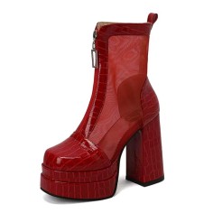 Square Toe Breathable Mesh Panel Ankle Highs Chunky Heels Low Platforms Boots - Red Faux Leather