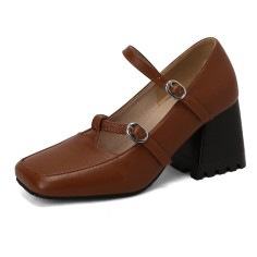 Square Toe Chunky Heels Double Straps Vintage Mary Janes Pumps - Auburn