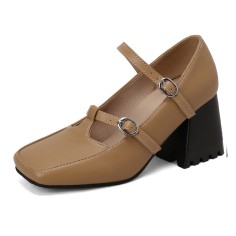 Square Toe Chunky Heels Double Straps Vintage Mary Janes Pumps - Beige