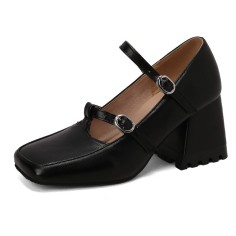 Square Toe Chunky Heels Double Straps Vintage Mary Janes Pumps - Black
