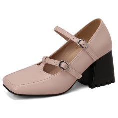 Square Toe Chunky Heels Double Straps Vintage Mary Janes Pumps - Pink