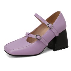 Square Toe Chunky Heels Double Straps Vintage Mary Janes Pumps - Purple