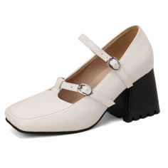 Square Toe Chunky Heels Double Straps Vintage Mary Janes Pumps - White