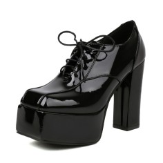 Square Toe Lace Up Platforms Chunky Heels British Loafers Pumps - Black