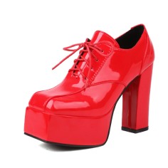 Square Toe Lace Up Platforms Chunky Heels British Loafers Pumps - Red