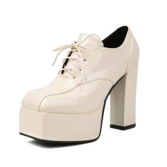 Square Toe Lace Up Platforms Chunky Heels British Loafers Pumps - White