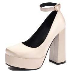 Round Toe Ankle Buckle Straps Chunky Heels Platforms Pumps - Beige