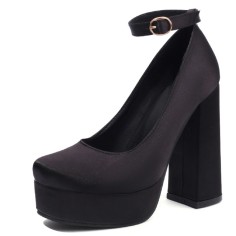 Round Toe Ankle Buckle Straps Chunky Heels Platforms Pumps - Black