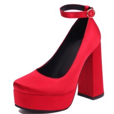 Round Toe Ankle Buckle Straps Chunky Heels Platforms Pumps - Red