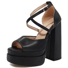 Peep Toe Platforms Cross Straps Pastel Chunky Heels Pumps Sandals - Black