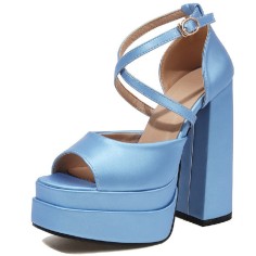 Peep Toe Platforms Cross Straps Pastel Chunky Heels Pumps Sandals - Blue