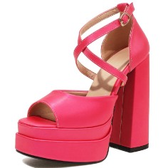 Peep Toe Platforms Cross Straps Pastel Chunky Heels Pumps Sandals - RoseRed