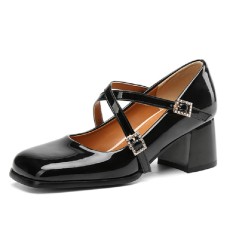 Square Toe Low Chunky Heels Rhinestones Cross Straps Pumps - Black