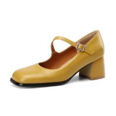 Square Toe Mary Janes Low Chunky Heels Rhinestones Buckle Straps Office Pumps - Yellow