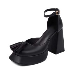 Round Toe Chunky Heels Classic Ankle Buckle Straps Platforms Pumps - Black Faux Leather