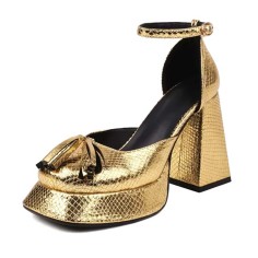 Round Toe Chunky Heels Snake Print Ankle Buckle Straps Platforms Pumps - Gold Faux Leather