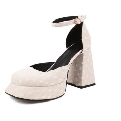Square Toe Chunky Heels Platforms Cotton Ankle Buckle Straps Pumps - Beige