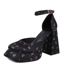 Square Toe Chunky Heels Platforms Satin Ankle Buckle Straps Pumps - Black