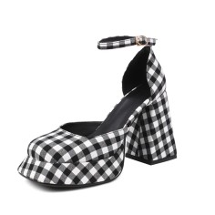 Square Toe Chunky Heels Platforms Plaids Ankle Buckle Straps Pumps - White Black