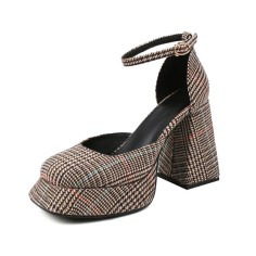 Square Toe Chunky Heels Platforms Tweed Ankle Buckle Straps Pumps - Yellow