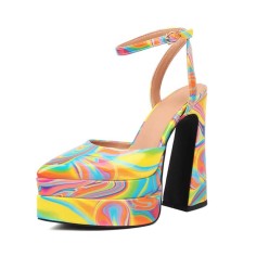 Pointed Toe Double Layer Platforms Glossy Ankle Buckle Straps Chunky Heels Sandals - Multicolor Patent
