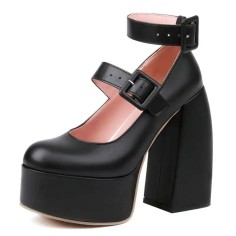 Round Toe Chunky Heels Ankle Buckle Double Straps Platforms Pumps - Black Faux Leather