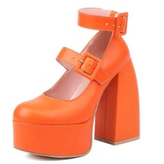Round Toe Chunky Heels Ankle Buckle Double Straps Platforms Pumps - Orange Faux Leather