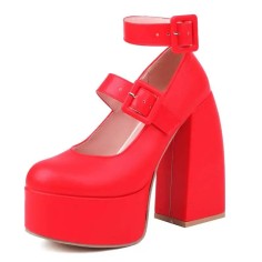 Round Toe Chunky Heels Ankle Buckle Double Straps Platforms Pumps - Red Faux Leather